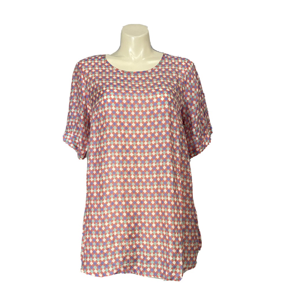 NWT Fabindia Tunic LARGE Peach Blue White Aqua Lightweight Short Sl Scoop Top